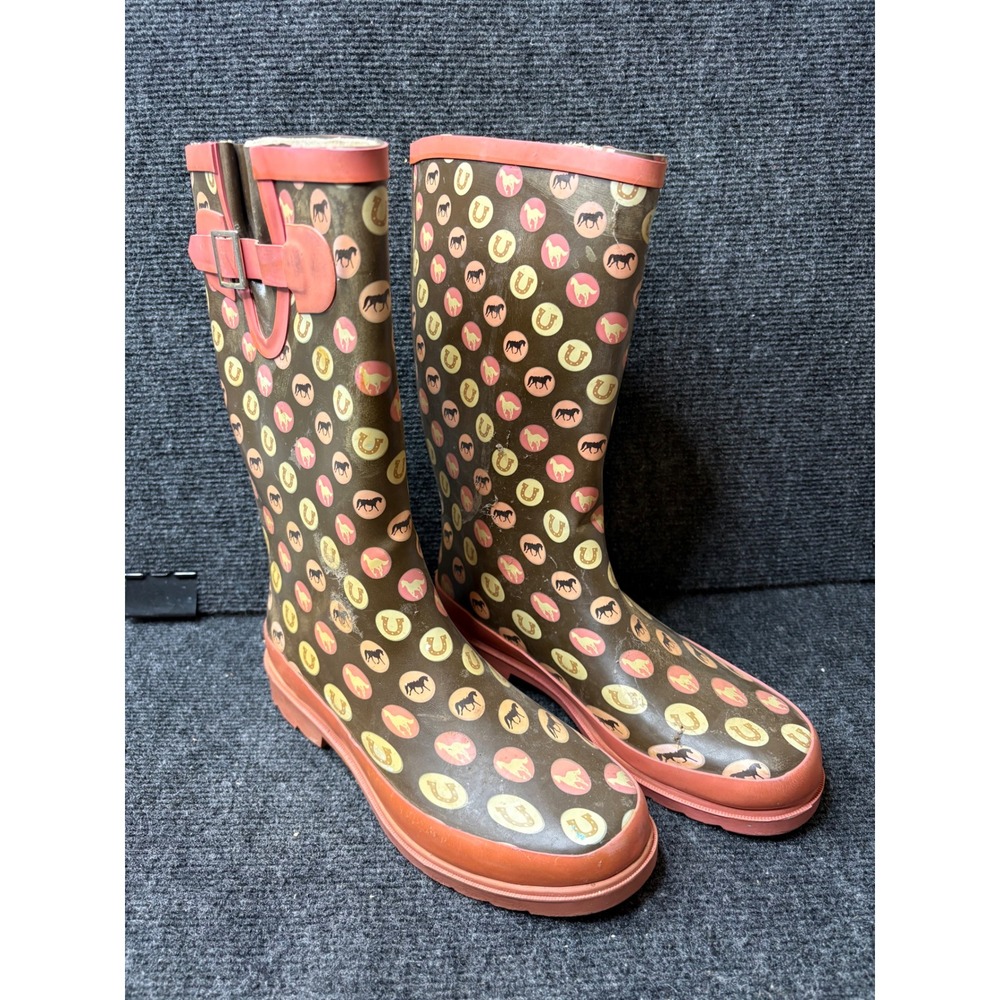 Western Chief Womens Horse Horseshoe Print Rubber Rain Boots Brown Pink Size 8